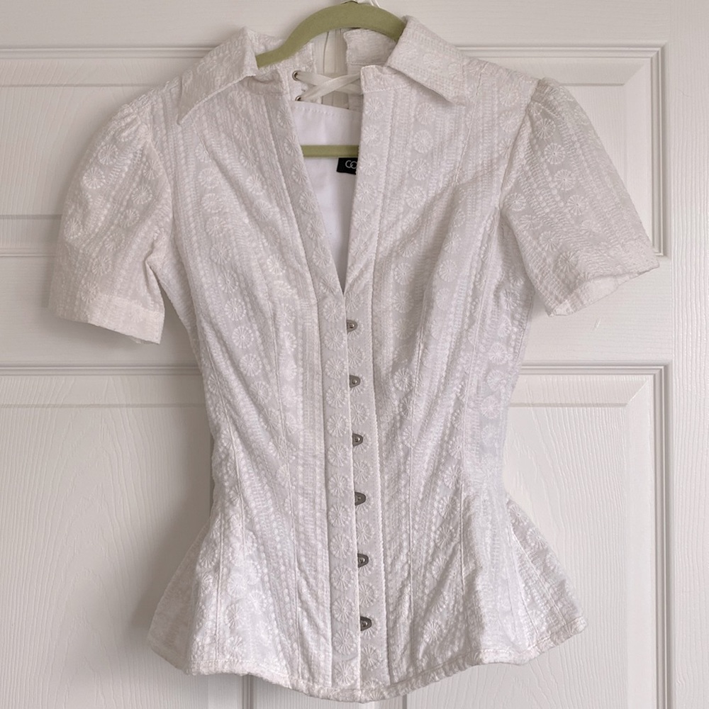 White, Short Sleeve Corset Blouse with Embroidery
